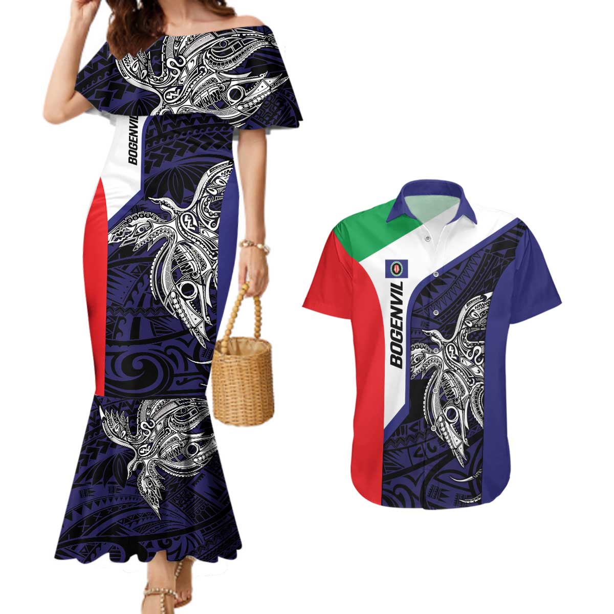 Personalised PNG Bougainville Couples Matching Mermaid Dress and Hawaiian Shirt Bird of Paradise Tattoo Flag Motif - Polynesian Pride