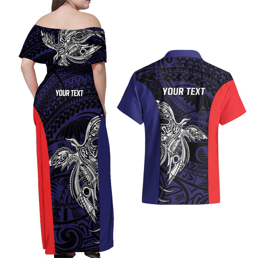 Personalised PNG Bougainville Couples Matching Off Shoulder Maxi Dress and Hawaiian Shirt Bird of Paradise Tattoo Flag Motif - Polynesian Pride