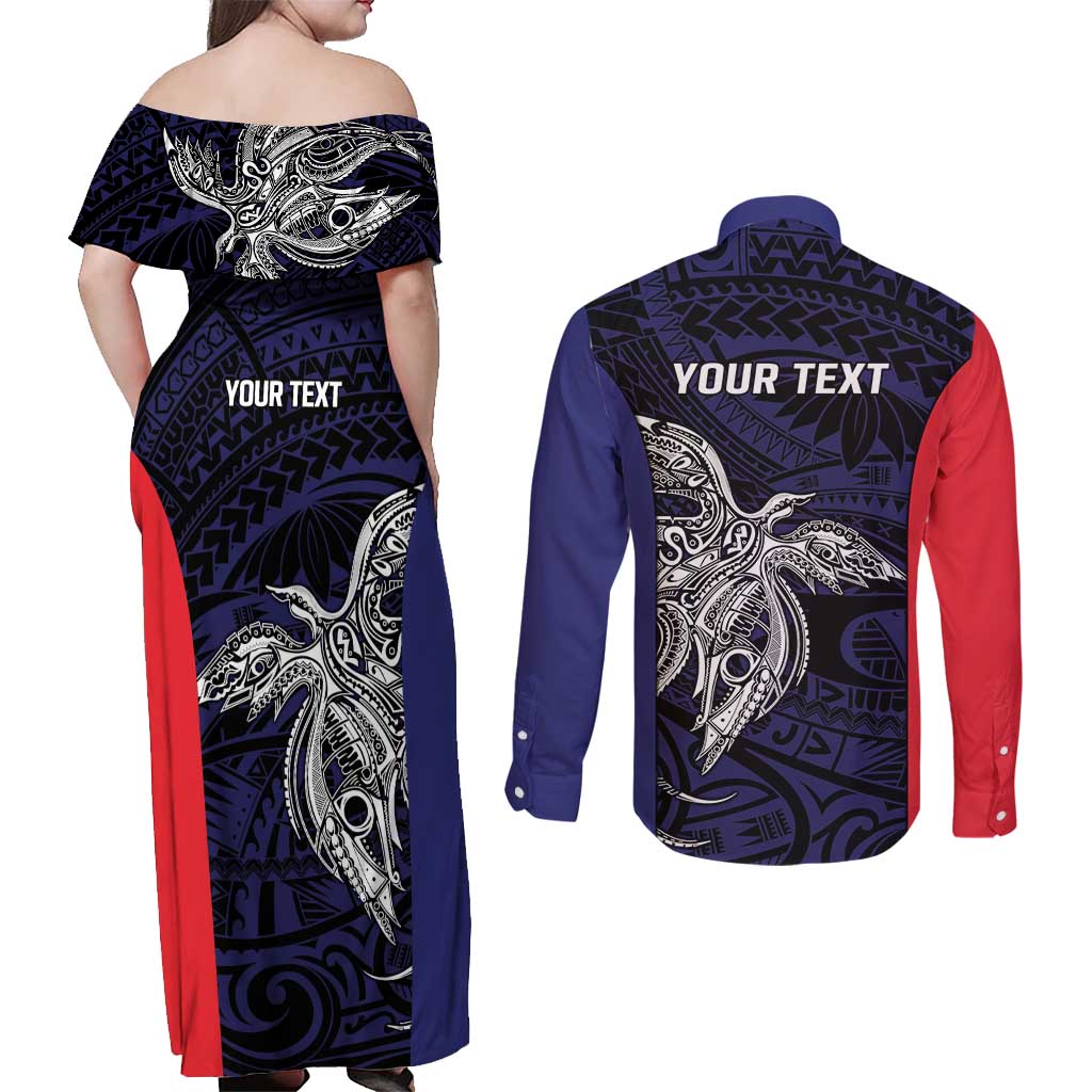 Personalised PNG Bougainville Couples Matching Off Shoulder Maxi Dress and Long Sleeve Button Shirt Bird of Paradise Tattoo Flag Motif - Polynesian Pride