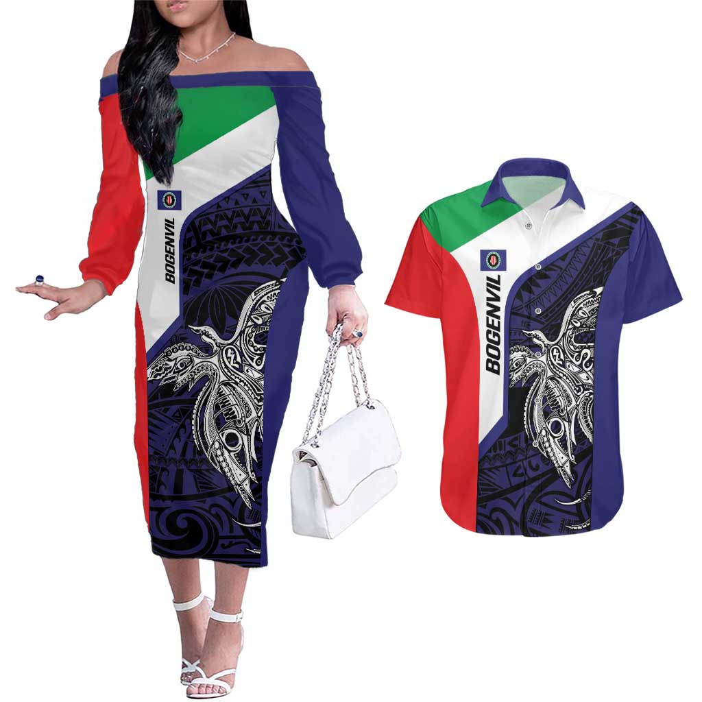 Personalised PNG Bougainville Couples Matching Off The Shoulder Long Sleeve Dress and Hawaiian Shirt Bird of Paradise Tattoo Flag Motif - Polynesian Pride