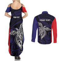Personalised PNG Bougainville Couples Matching Summer Maxi Dress and Long Sleeve Button Shirt Bird of Paradise Tattoo Flag Motif - Polynesian Pride