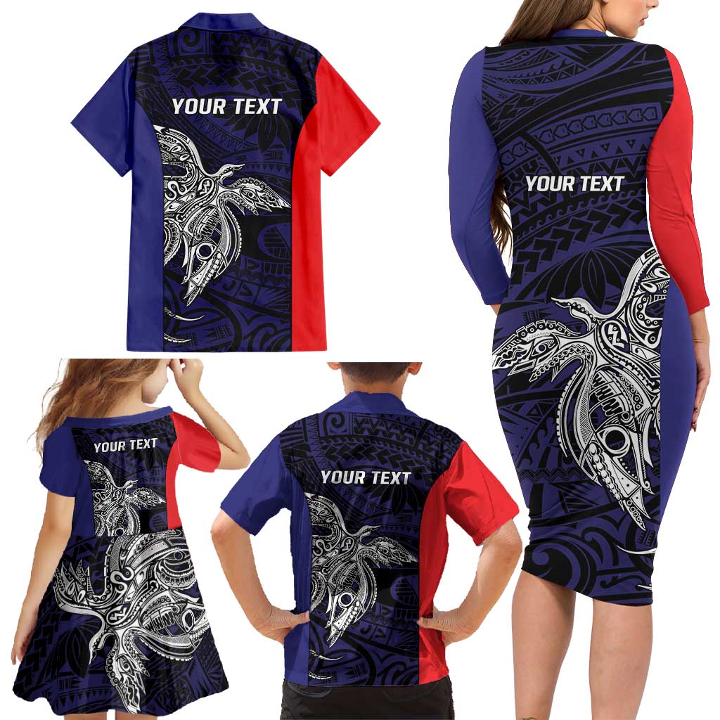 Personalised PNG Bougainville Family Matching Long Sleeve Bodycon Dress and Hawaiian Shirt Bird of Paradise Tattoo Flag Motif - Polynesian Pride