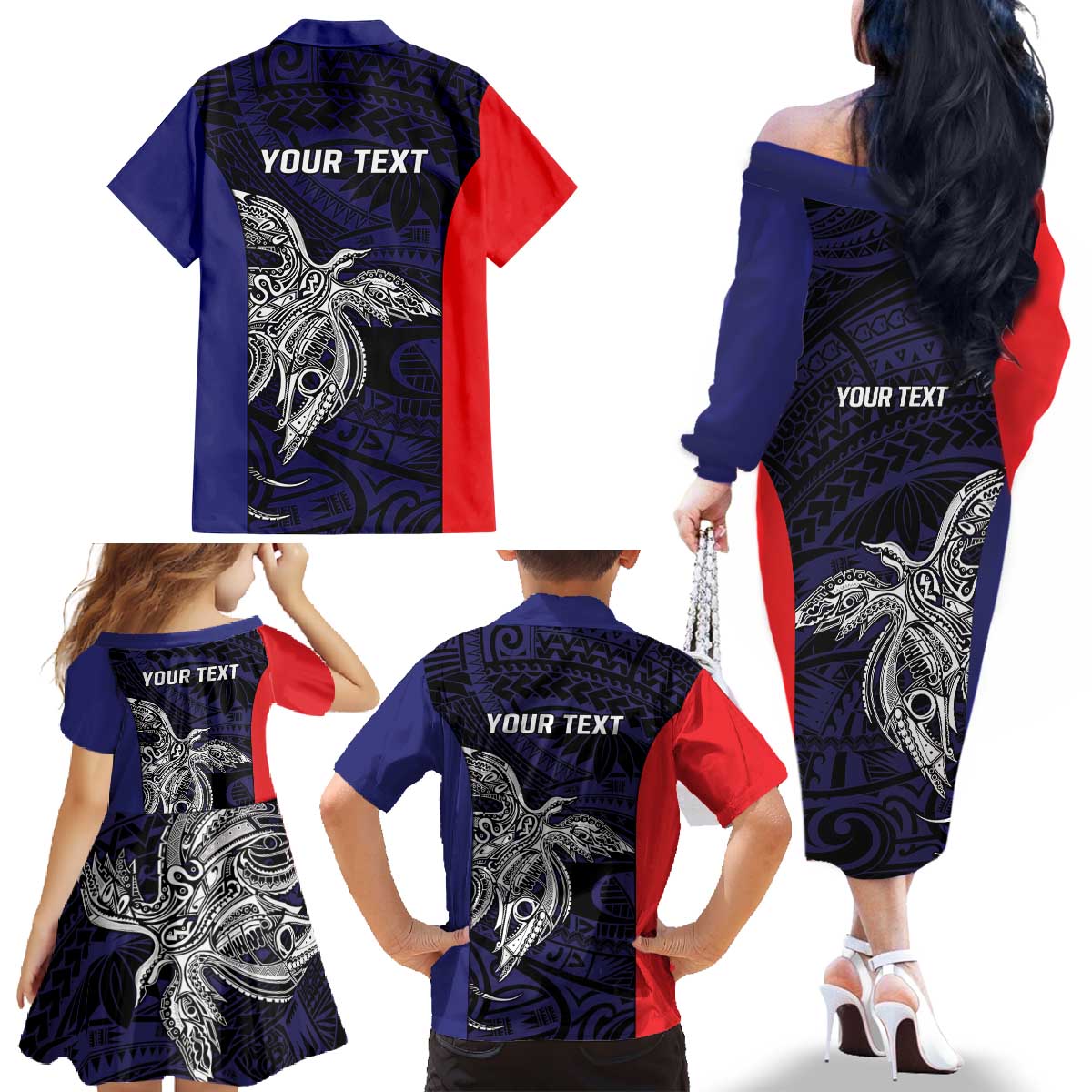 Personalised PNG Bougainville Family Matching Off The Shoulder Long Sleeve Dress and Hawaiian Shirt Bird of Paradise Tattoo Flag Motif - Polynesian Pride