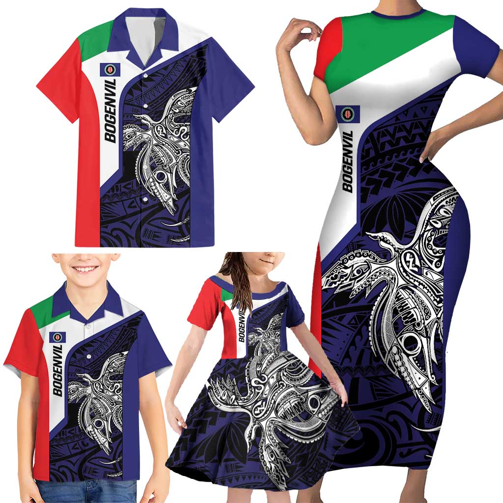 Personalised PNG Bougainville Family Matching Short Sleeve Bodycon Dress and Hawaiian Shirt Bird of Paradise Tattoo Flag Motif - Polynesian Pride