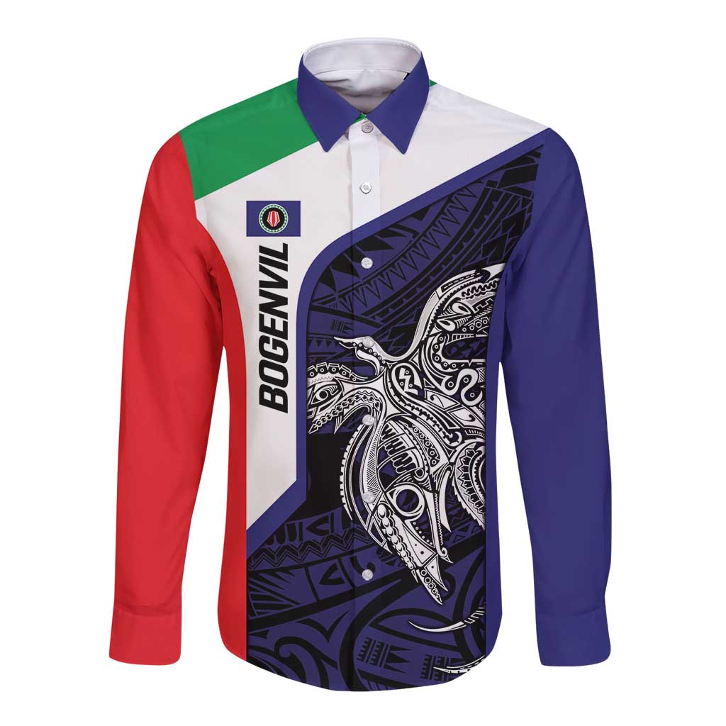 Personalised PNG Bougainville Long Sleeve Button Shirt Bird of Paradise Tattoo Flag Motif - Polynesian Pride