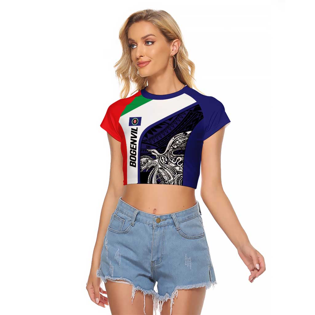 Personalised PNG Bougainville Raglan Cropped T Shirt Bird of Paradise Tattoo Flag Motif LT9 Female Blue - Polynesian Pride