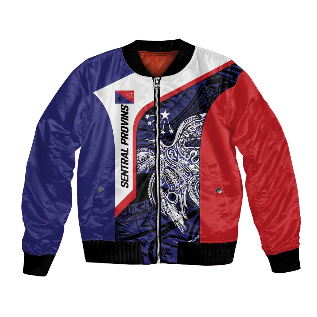 Personalised PNG Central Province Bomber Jacket Bird of Paradise Tattoo Flag Motif LT9 Unisex Blue - Polynesian Pride