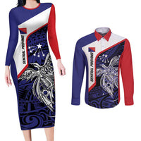Personalised PNG Central Province Couples Matching Long Sleeve Bodycon Dress and Long Sleeve Button Shirt Bird of Paradise Tattoo Flag Motif - Polynesian Pride