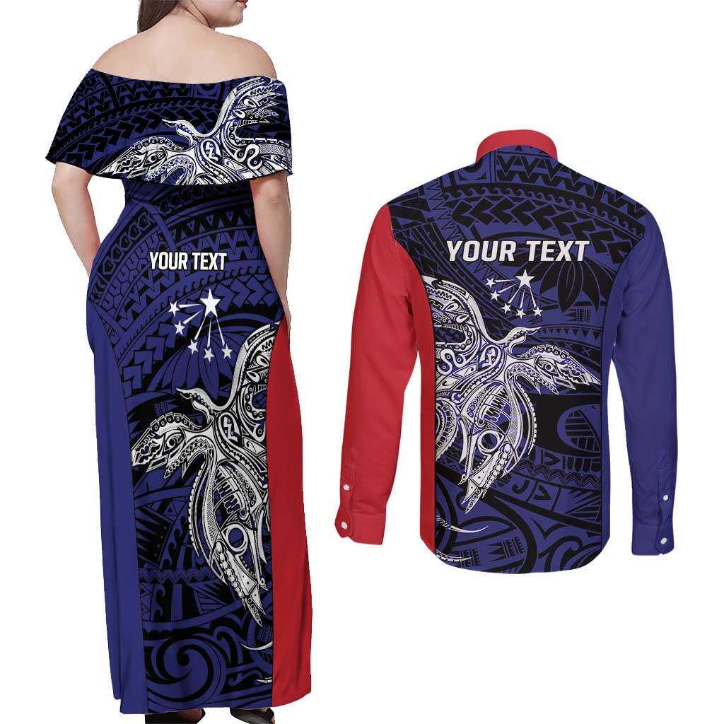 Personalised PNG Central Province Couples Matching Off Shoulder Maxi Dress and Long Sleeve Button Shirt Bird of Paradise Tattoo Flag Motif - Polynesian Pride