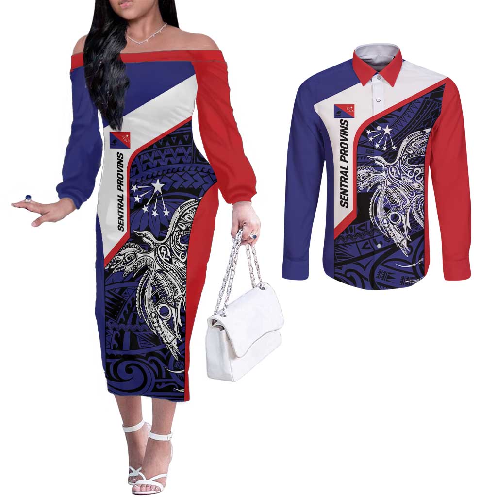 Personalised PNG Central Province Couples Matching Off The Shoulder Long Sleeve Dress and Long Sleeve Button Shirt Bird of Paradise Tattoo Flag Motif LT9 Blue - Polynesian Pride