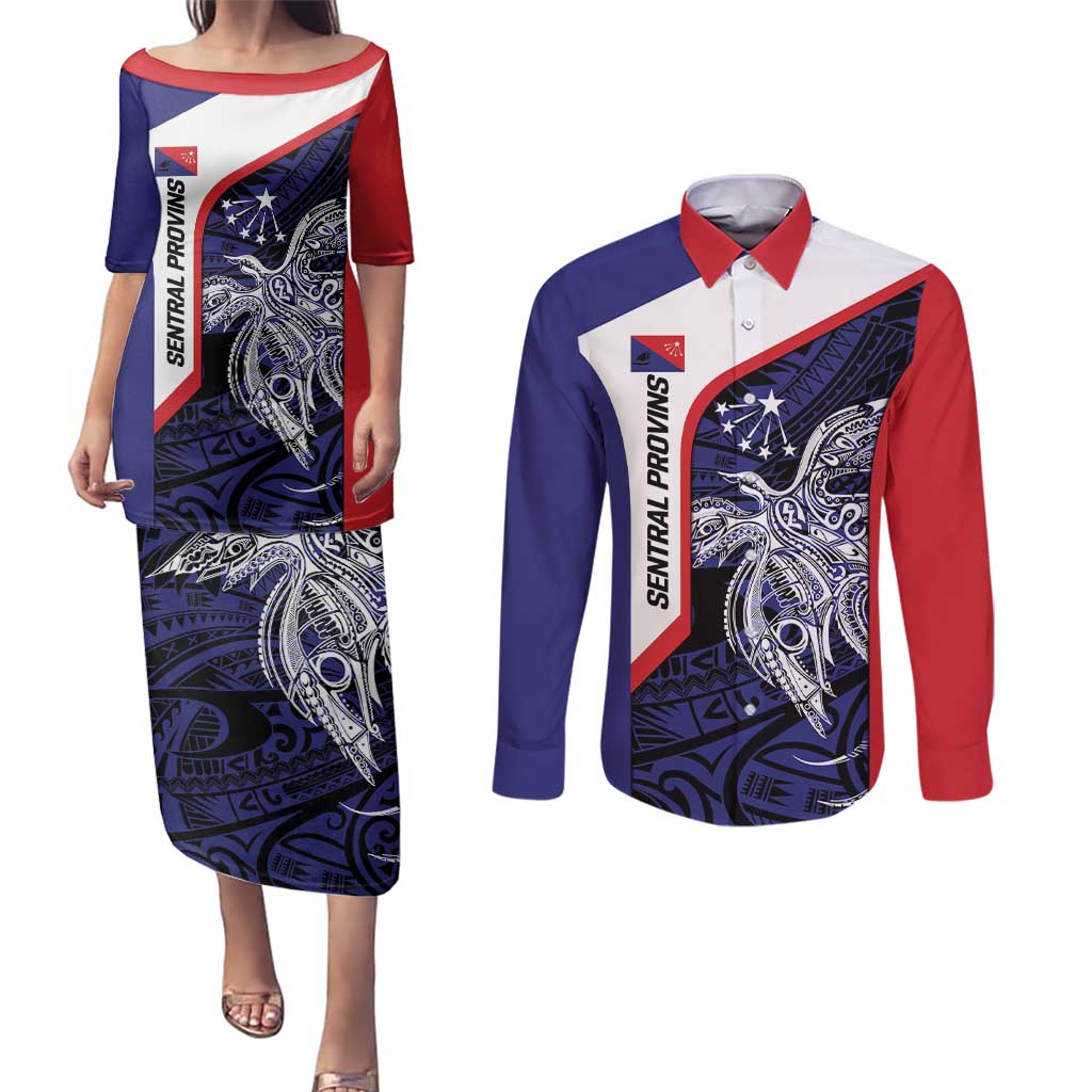 Personalised PNG Central Province Couples Matching Puletasi and Long Sleeve Button Shirt Bird of Paradise Tattoo Flag Motif LT9 Blue - Polynesian Pride