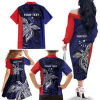 Personalised PNG Central Province Family Matching Off The Shoulder Long Sleeve Dress and Hawaiian Shirt Bird of Paradise Tattoo Flag Motif - Polynesian Pride
