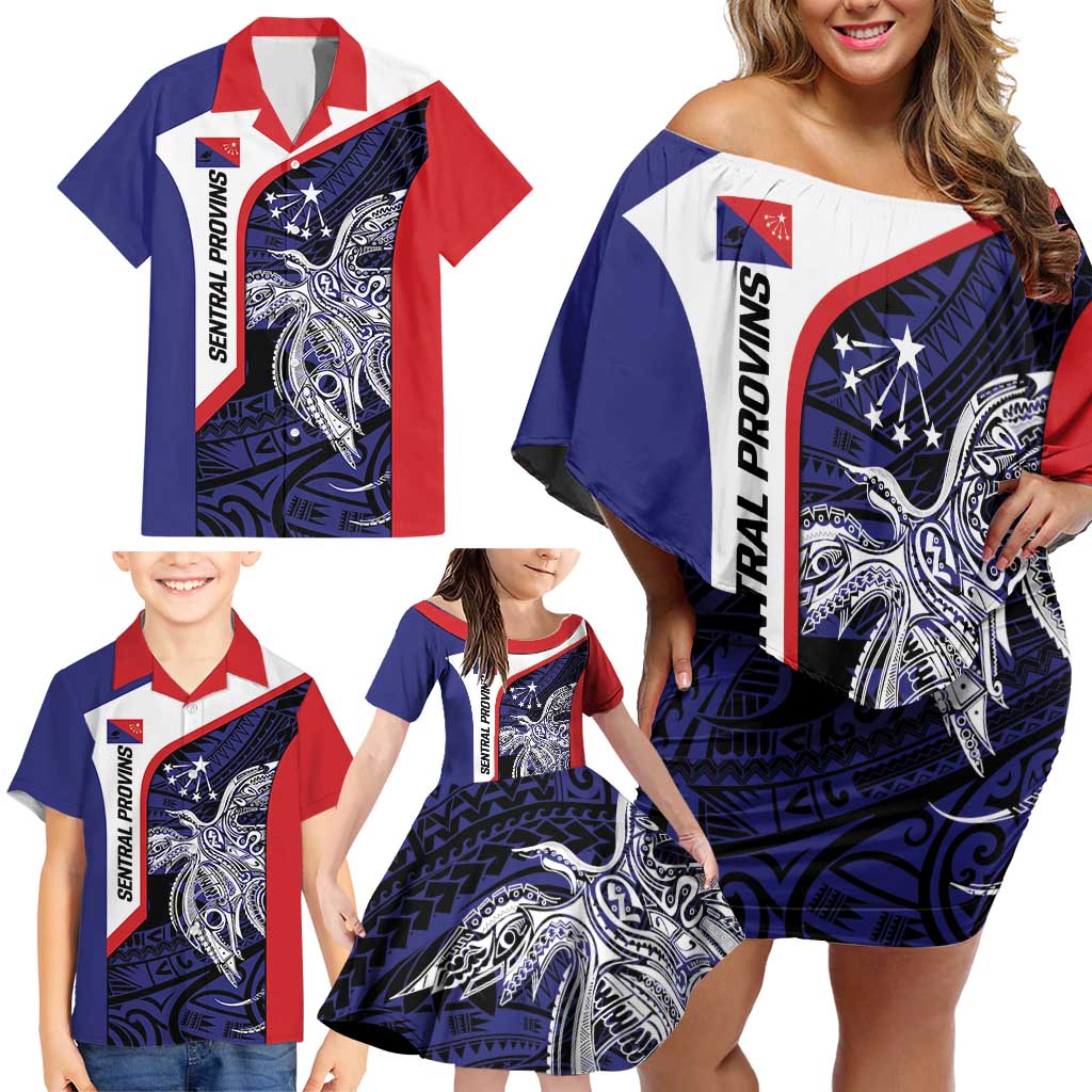 Personalised PNG Central Province Family Matching Off Shoulder Short Dress and Hawaiian Shirt Bird of Paradise Tattoo Flag Motif LT9 - Polynesian Pride