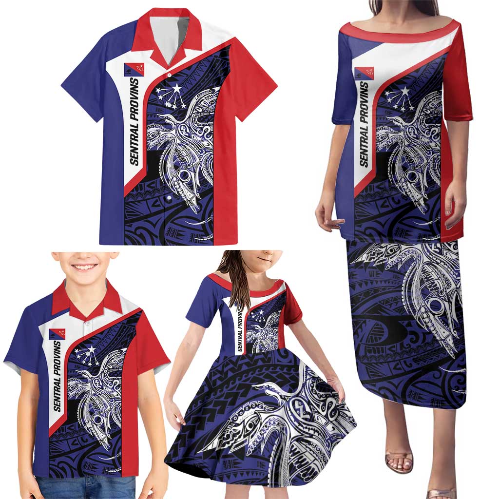 Personalised PNG Central Province Family Matching Puletasi and Hawaiian Shirt Bird of Paradise Tattoo Flag Motif - Polynesian Pride