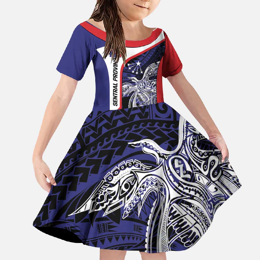 Personalised PNG Central Province Family Matching Summer Maxi Dress and Hawaiian Shirt Bird of Paradise Tattoo Flag Motif LT9 Daughter's Dress Blue - Polynesian Pride