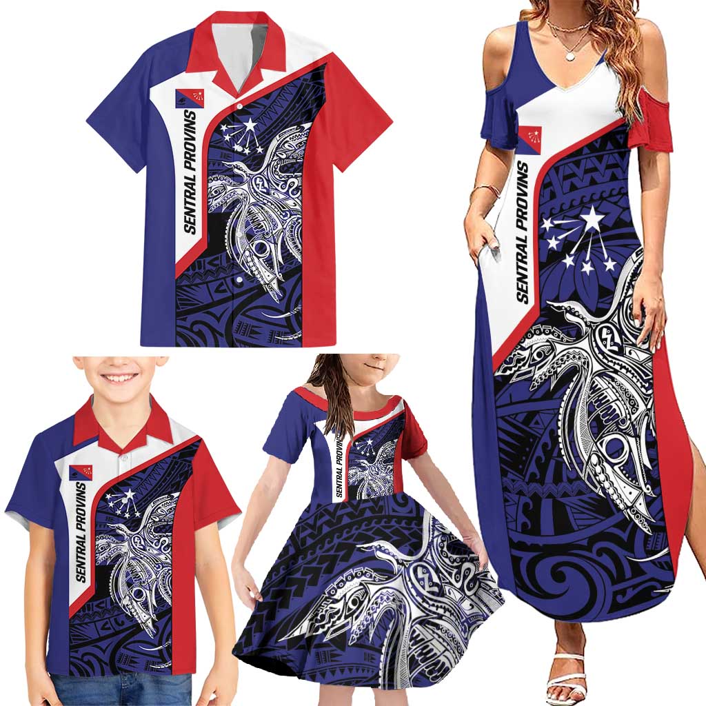 Personalised PNG Central Province Family Matching Summer Maxi Dress and Hawaiian Shirt Bird of Paradise Tattoo Flag Motif - Polynesian Pride