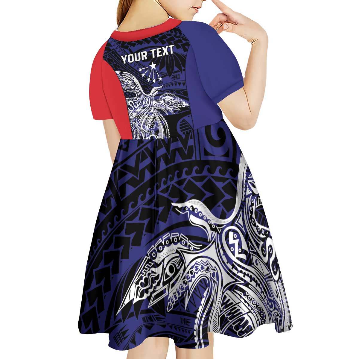 Personalised PNG Central Province Kid Short Sleeve Dress Bird of Paradise Tattoo Flag Motif - Polynesian Pride