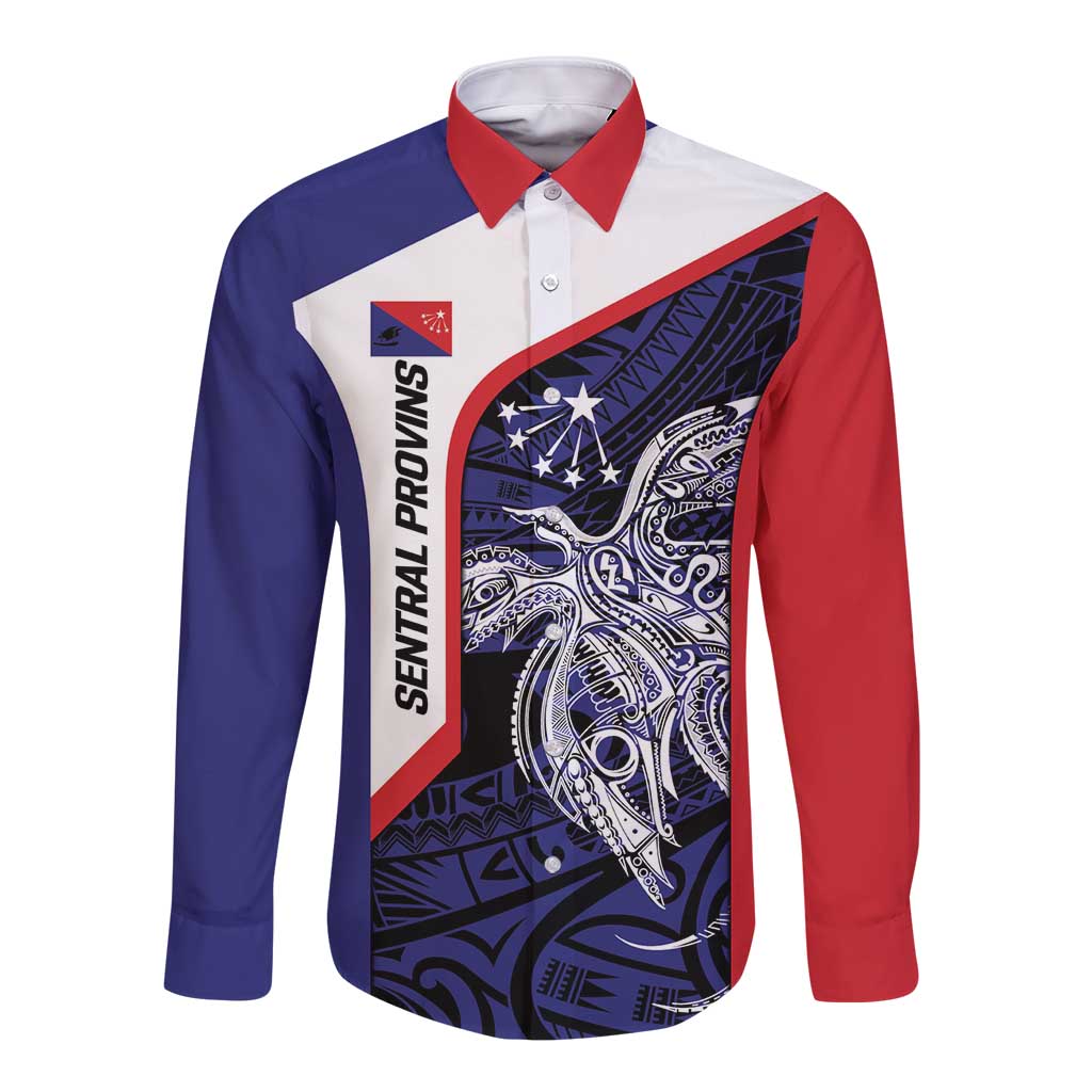 Personalised PNG Central Province Long Sleeve Button Shirt Bird of Paradise Tattoo Flag Motif LT9 Unisex Blue - Polynesian Pride