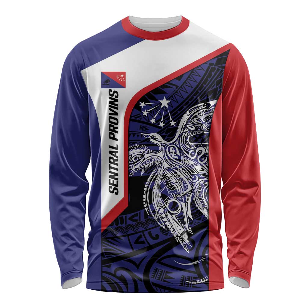 Personalised PNG Central Province Long Sleeve Shirt Bird of Paradise Tattoo Flag Motif LT9 Unisex Blue - Polynesian Pride