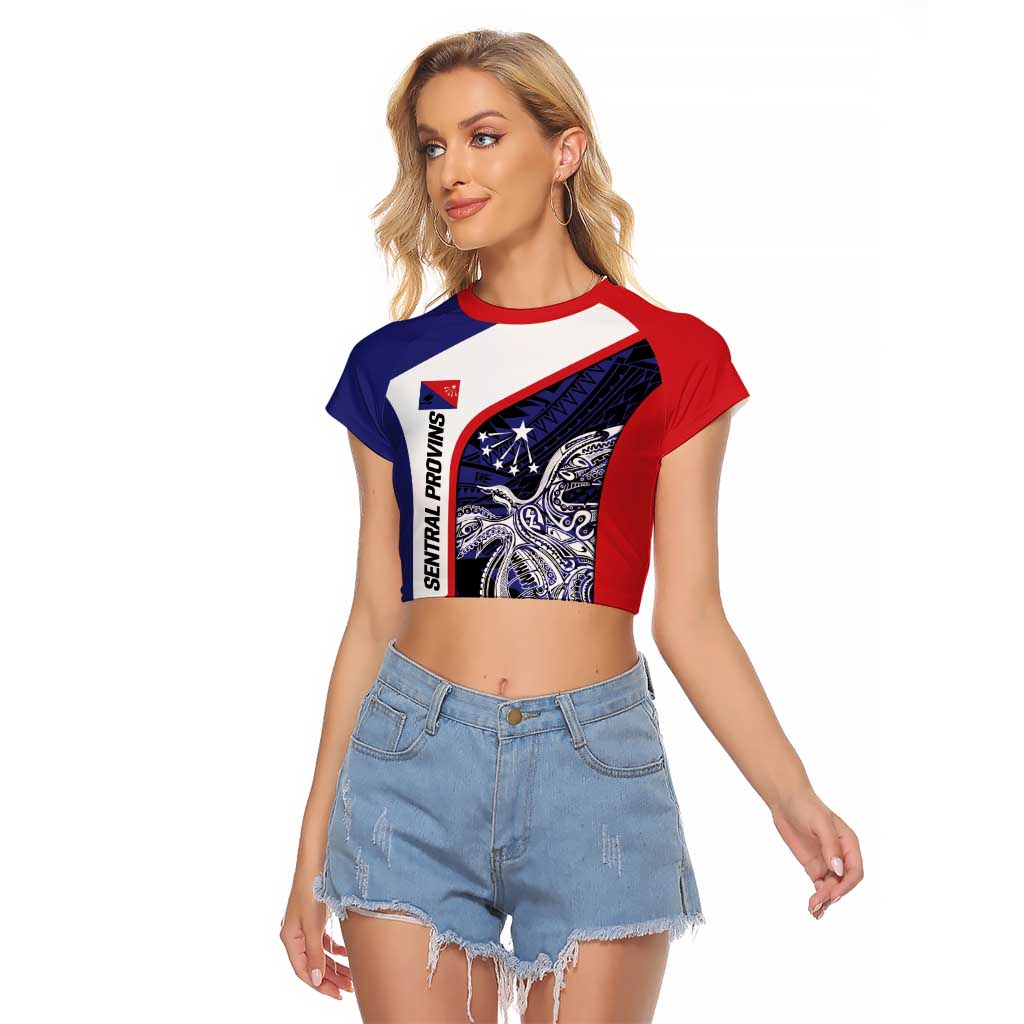 Personalised PNG Central Province Raglan Cropped T Shirt Bird of Paradise Tattoo Flag Motif LT9 Female Blue - Polynesian Pride