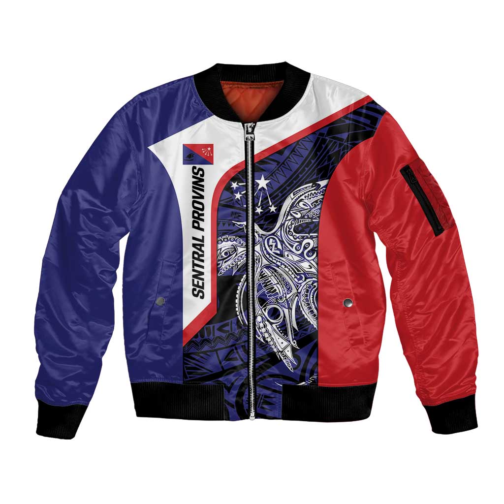Personalised PNG Central Province Sleeve Zip Bomber Jacket Bird of Paradise Tattoo Flag Motif LT9 Unisex Blue - Polynesian Pride