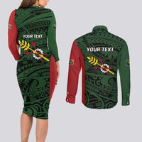 Personalised PNG Chimbu Province Couples Matching Long Sleeve Bodycon Dress and Long Sleeve Button Shirt Bird of Paradise Tattoo Flag Motif - Polynesian Pride