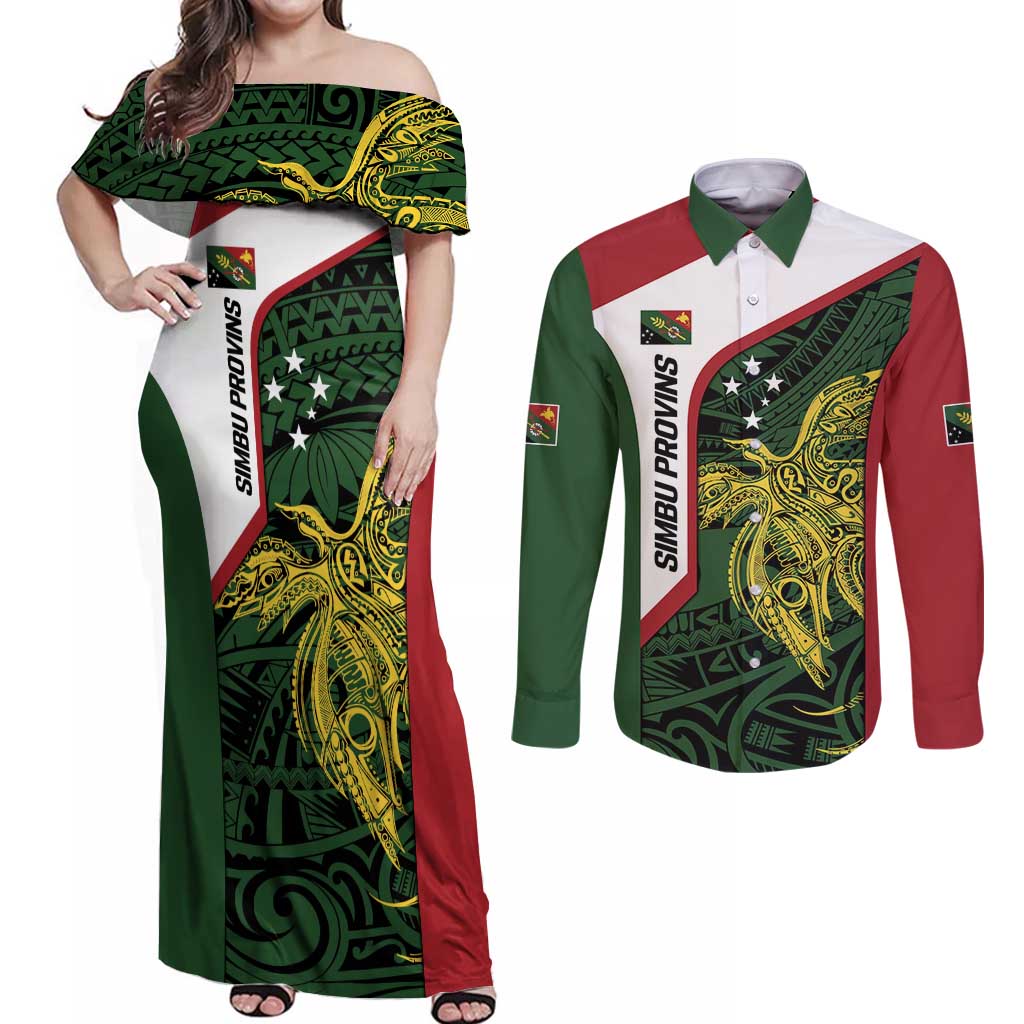 Personalised PNG Chimbu Province Couples Matching Off Shoulder Maxi Dress and Long Sleeve Button Shirt Bird of Paradise Tattoo Flag Motif LT9 Red - Polynesian Pride
