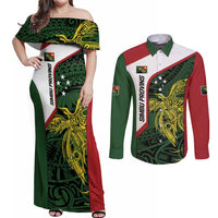 Personalised PNG Chimbu Province Couples Matching Off Shoulder Maxi Dress and Long Sleeve Button Shirt Bird of Paradise Tattoo Flag Motif - Polynesian Pride