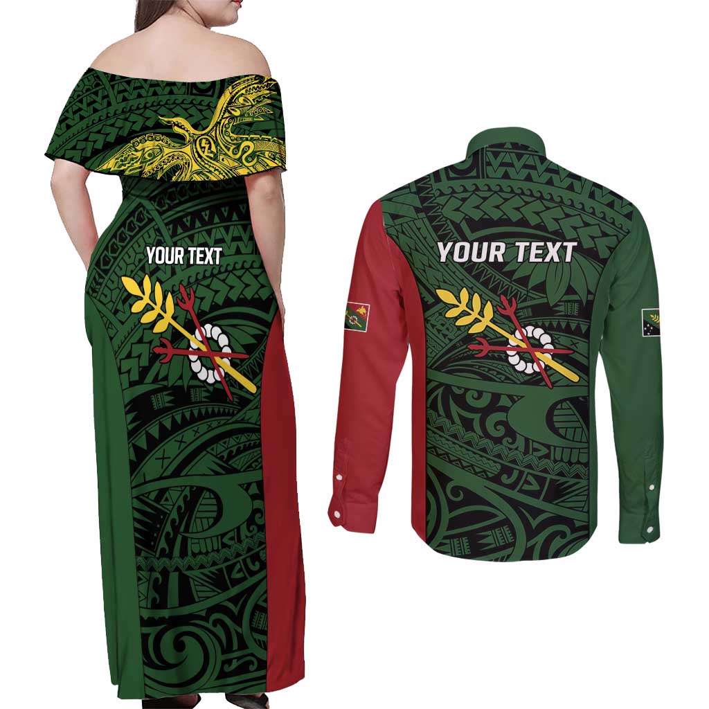 Personalised PNG Chimbu Province Couples Matching Off Shoulder Maxi Dress and Long Sleeve Button Shirt Bird of Paradise Tattoo Flag Motif - Polynesian Pride