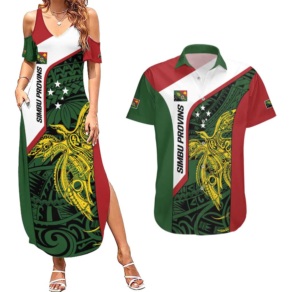 Personalised PNG Chimbu Province Couples Matching Summer Maxi Dress and Hawaiian Shirt Bird of Paradise Tattoo Flag Motif - Polynesian Pride