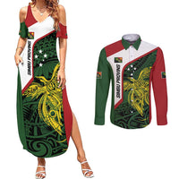Personalised PNG Chimbu Province Couples Matching Summer Maxi Dress and Long Sleeve Button Shirt Bird of Paradise Tattoo Flag Motif - Polynesian Pride