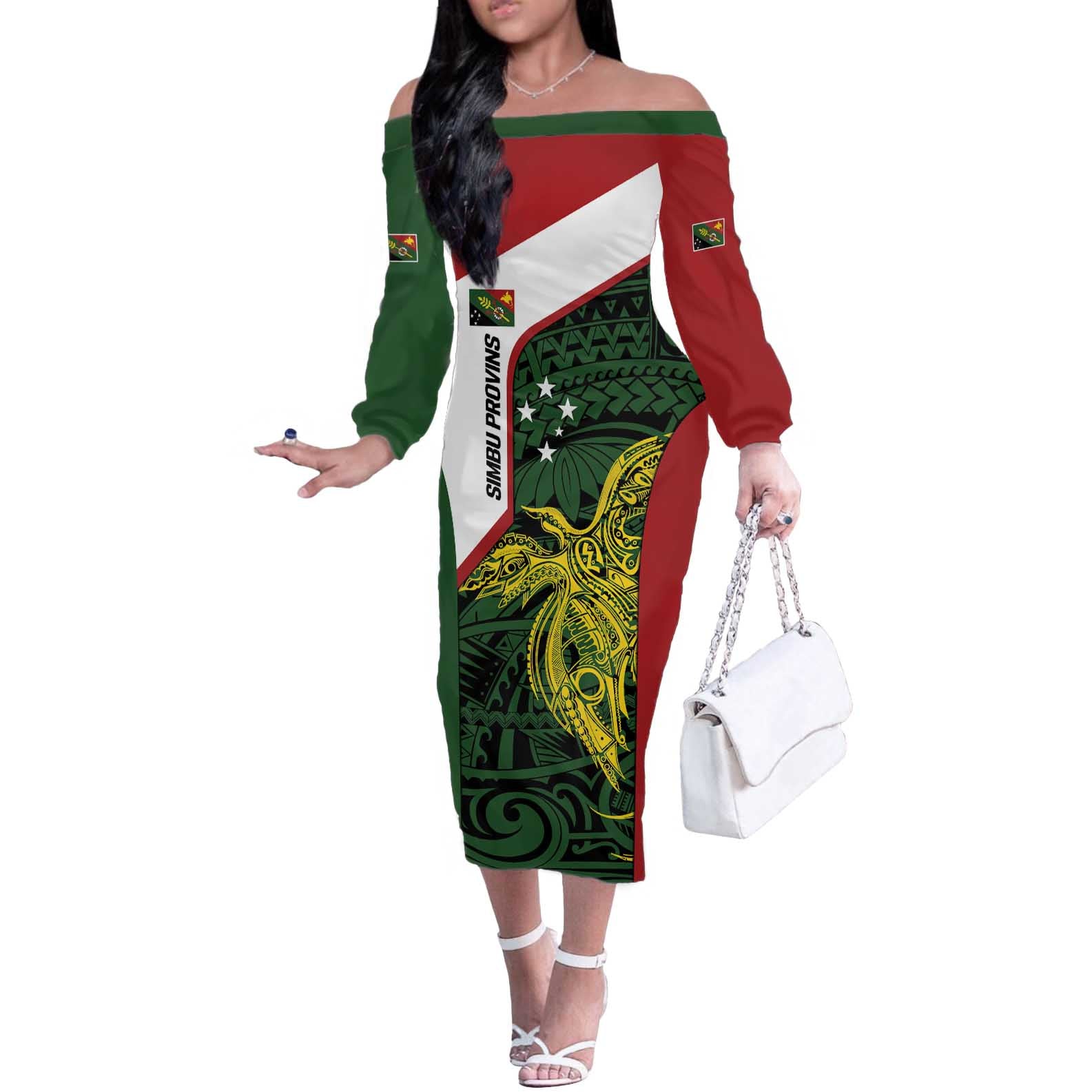 Personalised PNG Chimbu Province Off The Shoulder Long Sleeve Dress Bird of Paradise Tattoo Flag Motif - Polynesian Pride