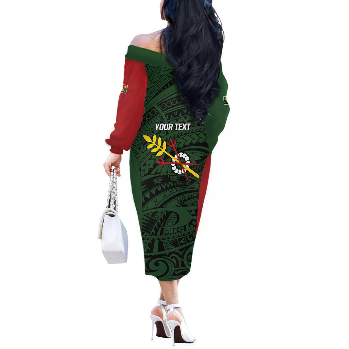 Personalised PNG Chimbu Province Off The Shoulder Long Sleeve Dress Bird of Paradise Tattoo Flag Motif - Polynesian Pride