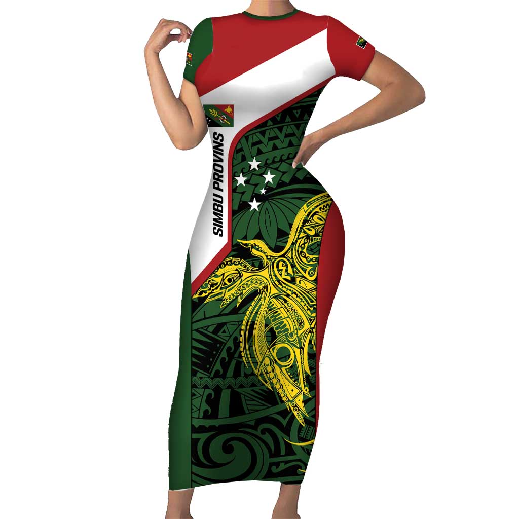 Personalised PNG Chimbu Province Short Sleeve Bodycon Dress Bird of Paradise Tattoo Flag Motif - Polynesian Pride