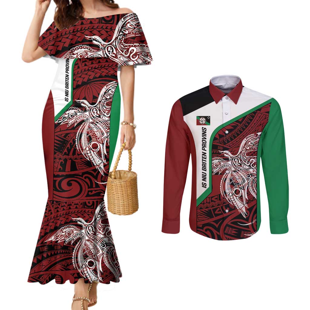 Personalised PNG East New Britain Province Couples Matching Mermaid Dress and Long Sleeve Button Shirt Bird of Paradise Tattoo Flag Motif LT9 Green - Polynesian Pride