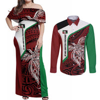 Personalised PNG East New Britain Province Couples Matching Off Shoulder Maxi Dress and Long Sleeve Button Shirt Bird of Paradise Tattoo Flag Motif - Polynesian Pride