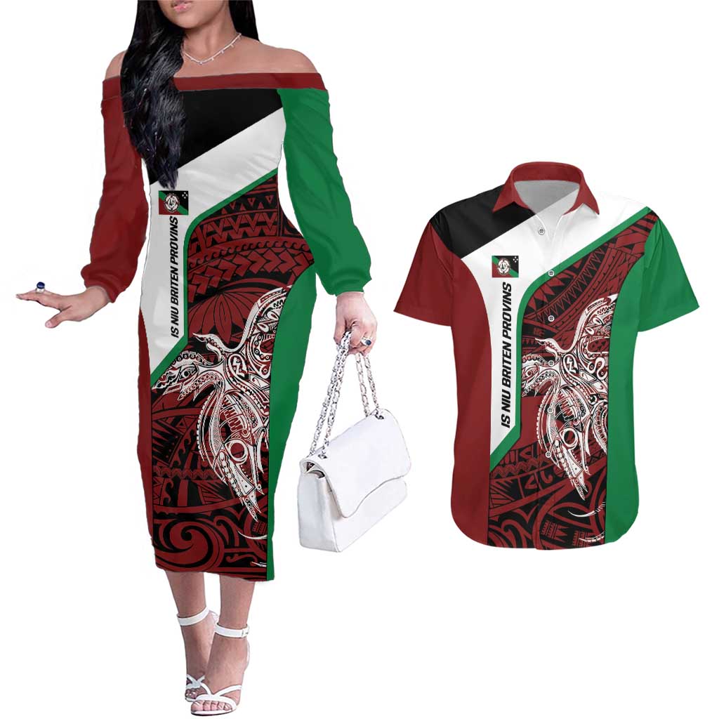 Personalised PNG East New Britain Province Couples Matching Off The Shoulder Long Sleeve Dress and Hawaiian Shirt Bird of Paradise Tattoo Flag Motif - Polynesian Pride