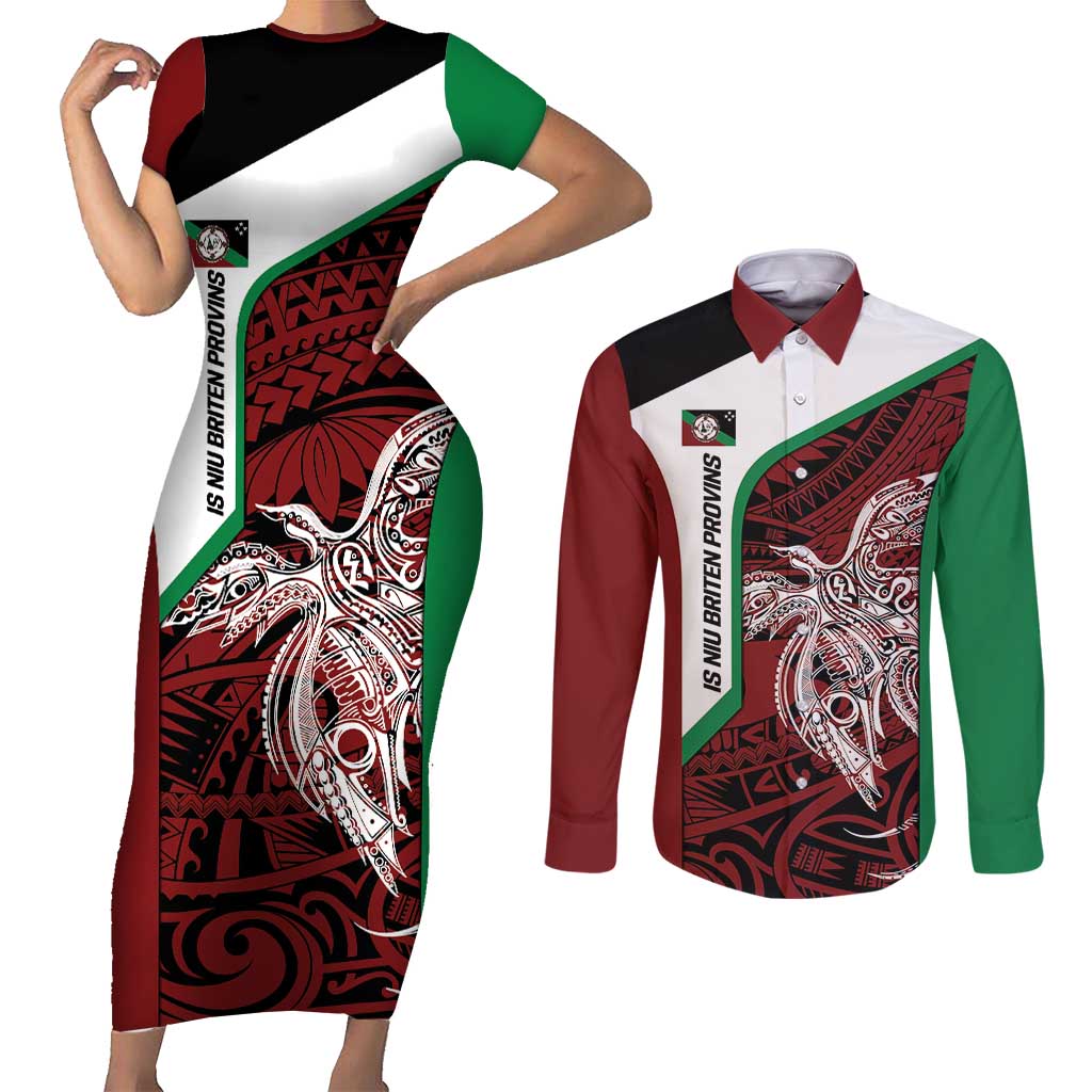 Personalised PNG East New Britain Province Couples Matching Short Sleeve Bodycon Dress and Long Sleeve Button Shirt Bird of Paradise Tattoo Flag Motif LT9 Green - Polynesian Pride