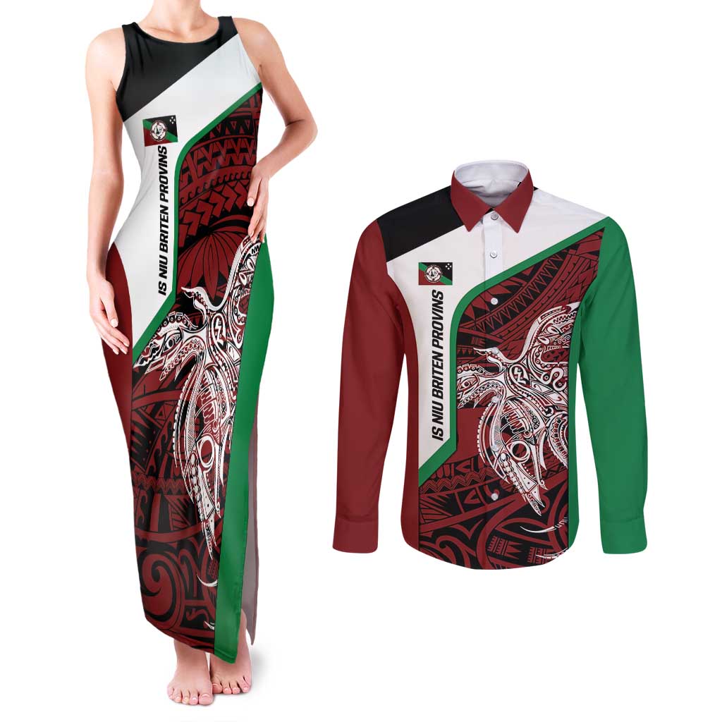 Personalised PNG East New Britain Province Couples Matching Tank Maxi Dress and Long Sleeve Button Shirt Bird of Paradise Tattoo Flag Motif - Polynesian Pride