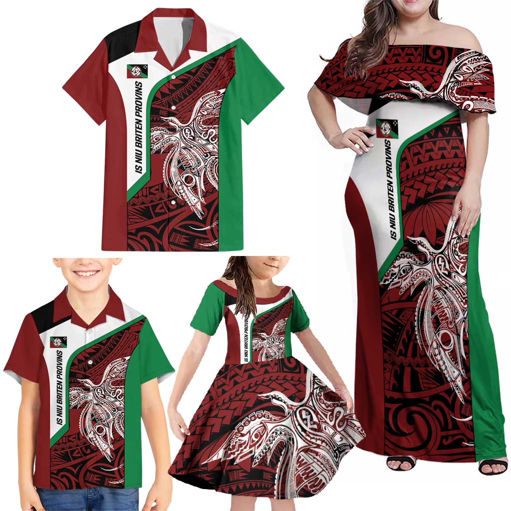 Personalised PNG East New Britain Province Family Matching Off Shoulder Maxi Dress and Hawaiian Shirt Bird of Paradise Tattoo Flag Motif - Polynesian Pride