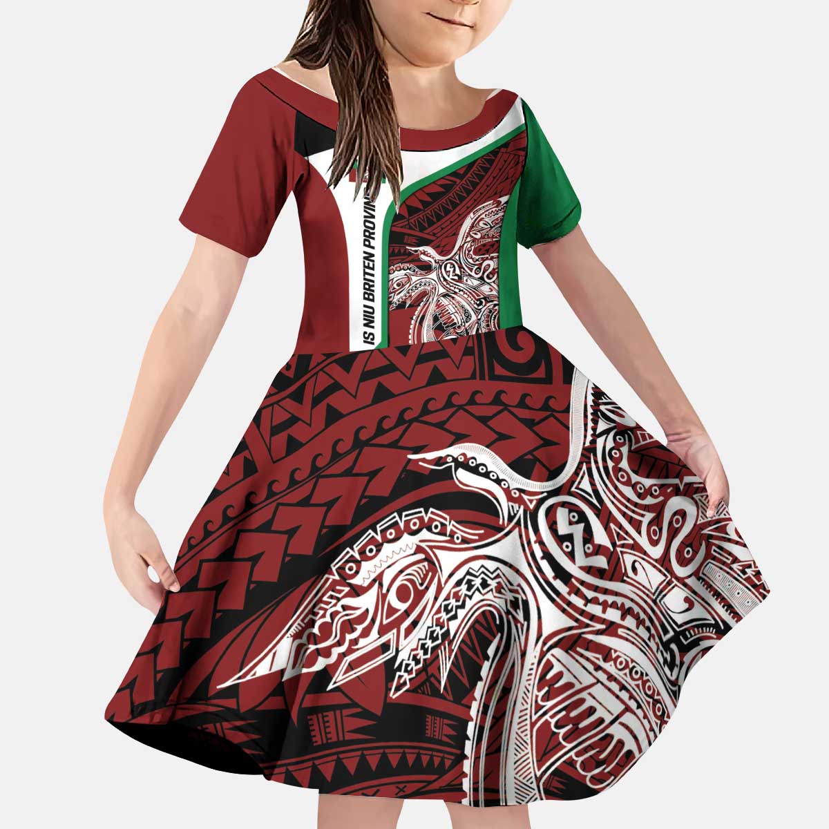Personalised PNG East New Britain Province Kid Short Sleeve Dress Bird of Paradise Tattoo Flag Motif - Polynesian Pride