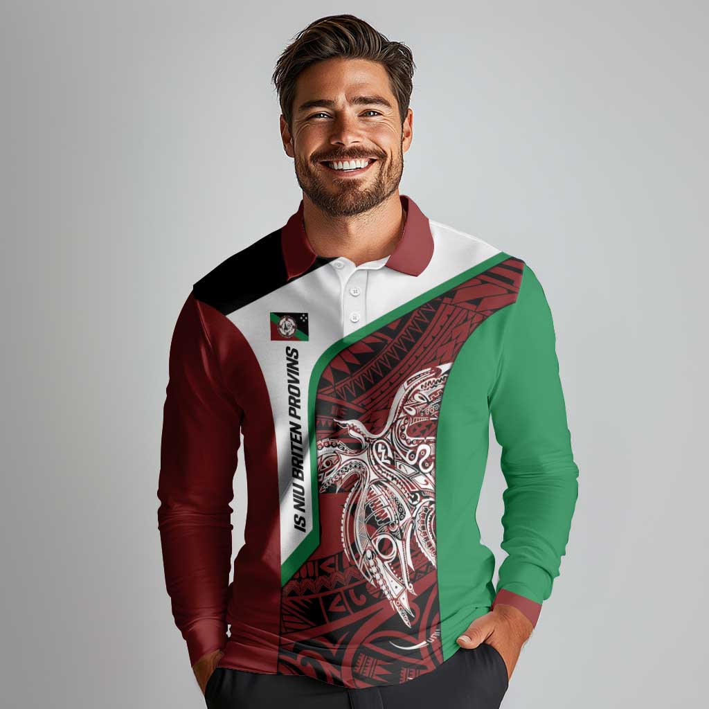 Personalised PNG East New Britain Province Long Sleeve Polo Shirt Bird of Paradise Tattoo Flag Motif - Polynesian Pride