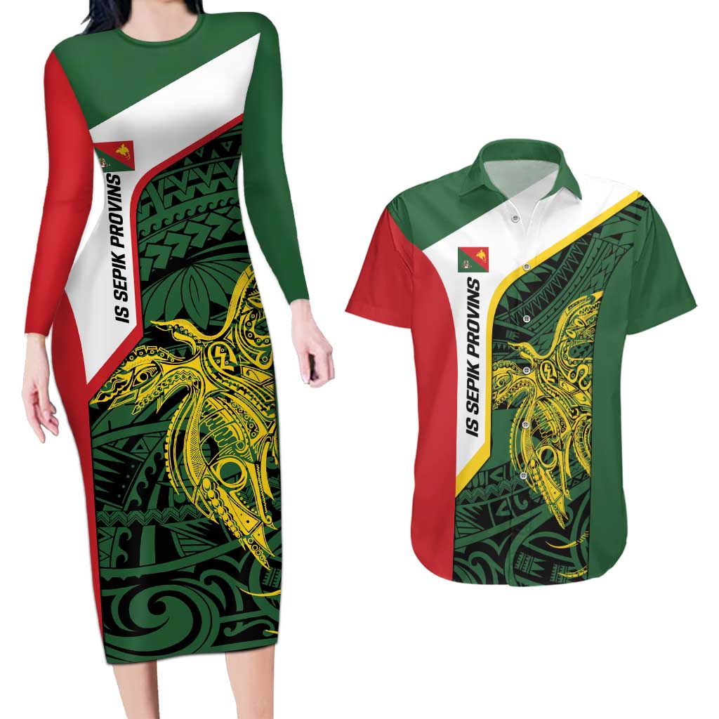 Personalised PNG East Sepik Province Couples Matching Long Sleeve Bodycon Dress and Hawaiian Shirt Bird of Paradise Tattoo Flag Motif - Polynesian Pride