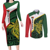 Personalised PNG East Sepik Province Couples Matching Long Sleeve Bodycon Dress and Long Sleeve Button Shirt Bird of Paradise Tattoo Flag Motif - Polynesian Pride