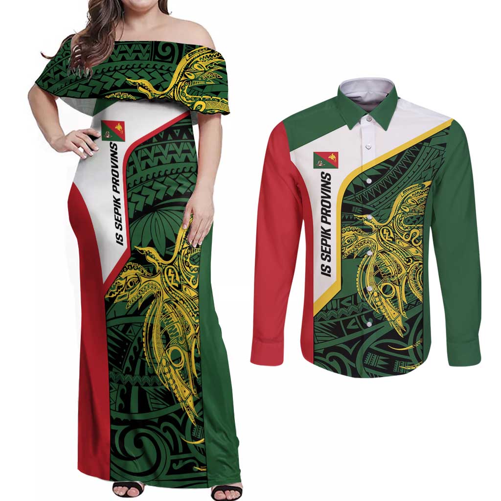 Personalised PNG East Sepik Province Couples Matching Off Shoulder Maxi Dress and Long Sleeve Button Shirt Bird of Paradise Tattoo Flag Motif LT9 Green - Polynesian Pride