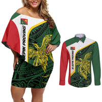 Personalised PNG East Sepik Province Couples Matching Off Shoulder Short Dress and Long Sleeve Button Shirt Bird of Paradise Tattoo Flag Motif - Polynesian Pride