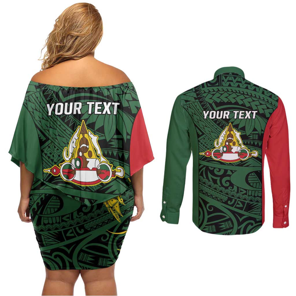 Personalised PNG East Sepik Province Couples Matching Off Shoulder Short Dress and Long Sleeve Button Shirt Bird of Paradise Tattoo Flag Motif - Polynesian Pride