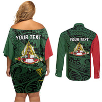 Personalised PNG East Sepik Province Couples Matching Off Shoulder Short Dress and Long Sleeve Button Shirt Bird of Paradise Tattoo Flag Motif - Polynesian Pride