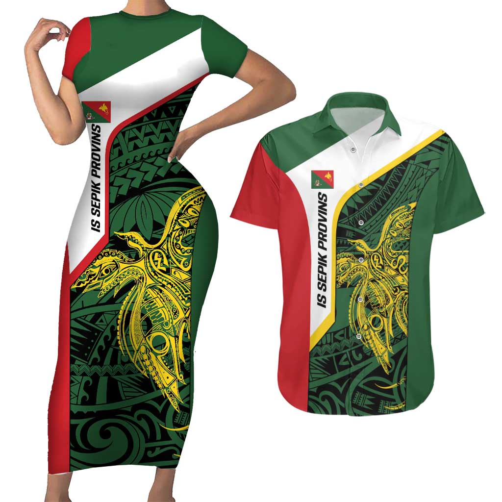 Personalised PNG East Sepik Province Couples Matching Short Sleeve Bodycon Dress and Hawaiian Shirt Bird of Paradise Tattoo Flag Motif - Polynesian Pride