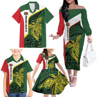 Personalised PNG East Sepik Province Family Matching Off The Shoulder Long Sleeve Dress and Hawaiian Shirt Bird of Paradise Tattoo Flag Motif - Polynesian Pride